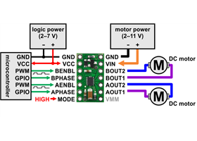 Minimal wiring diagram for connecting a microcontroller to a DRV8835 dual motor driver carrier in phase-enable mode