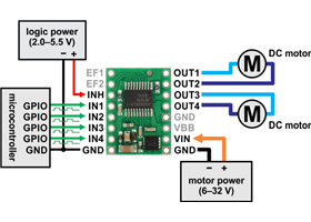 Minimal wiring diagram for connecting a microcontroller to an A4990 dual motor driver carrier