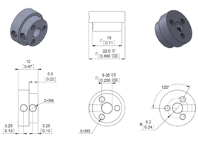 Dimension diagram of the Pololu aluminum scooter wheel adapter threaded mount for 1/4" shafts. Units are mm over [inches]