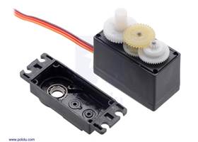 The FEETECH Standard Servo FS5106B has a plastic gear train and two ball bearings on the output.