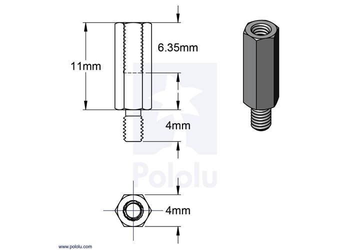 Aluminum Standoff for Raspberry Pi 11mm Length, 4mm M2.5 Thread, MF