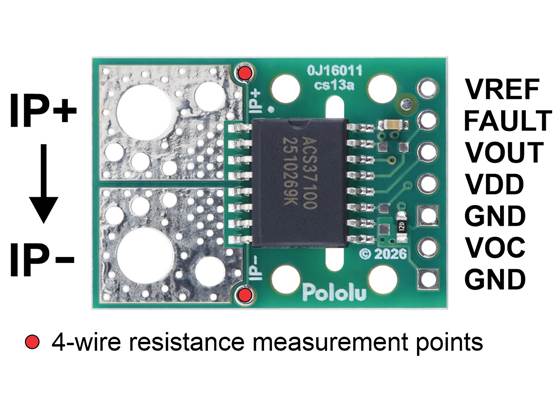 Pinout of the ACS37100 TMR Current Sensor Compact Carrier.