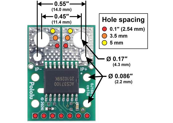 Basic hole dimensions of the ACS37100 TMR Current Sensor Compact Carrier.