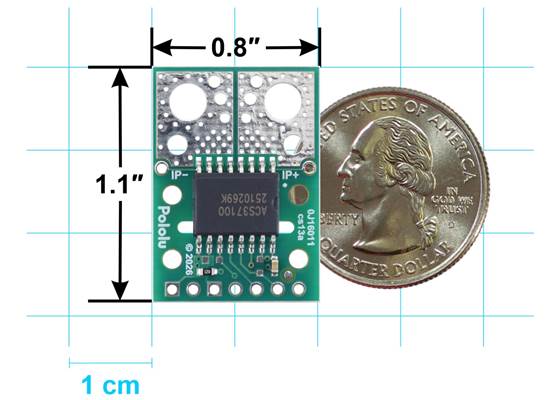 Basic board dimensions of the ACS37100 TMR Current Sensor Compact Carrier.