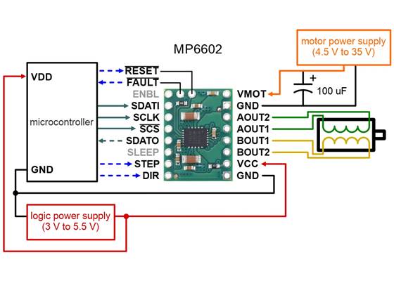 Typical wiring diagram for connecting a microcontroller to the MP6602 Stepper Motor Driver Carrier.