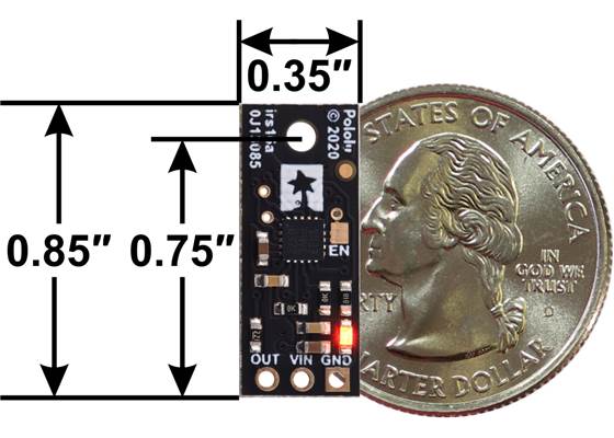Pololu Distance Sensor with Pulse Width Output, 50cm Max, bottom view with dimensions.