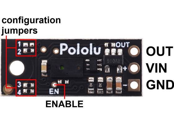 Original (irs16a) version of the Pololu Distance Sensor with Pulse Width Output, 50cm Max, top view with labeled pinout.