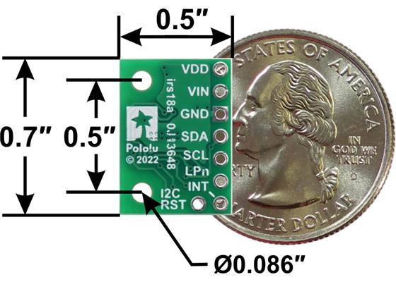 VL53L5CX/VL53L7CX Time-of-Flight 8x8-Zone Distance Sensor Carrier, bottom view with dimensions.
