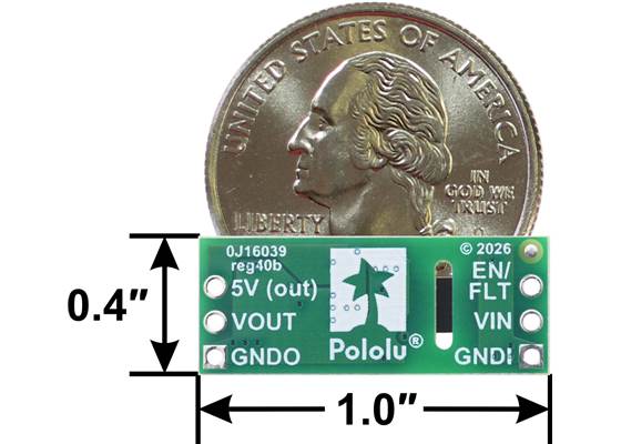 12V, 100mA Isolated Step-Up Voltage Regulator U5Z6F12, bottom view with dimensions and a US quarter for size reference.
