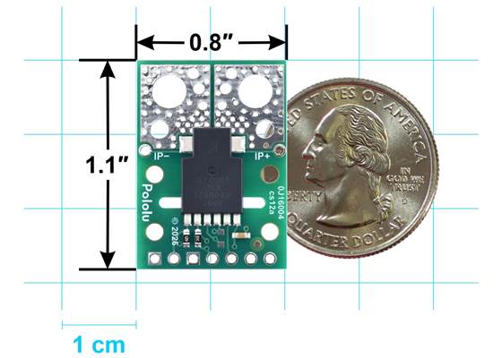 Basic board dimensions of the ACS37200 Current Sensor Compact Carrier.
