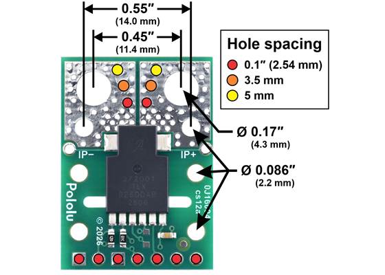 Basic hole spacing and dimensions of the ACS37200 Current Sensor Compact Carrier.