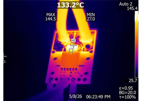 Thermal image of a high-current test of a Pololu current sensor carrier (not necessarily this product).
