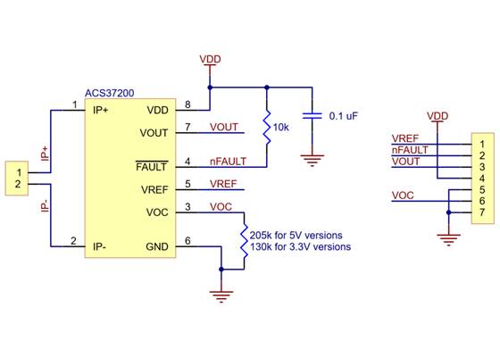 Schematic diagram of the ACS37200 Current Sensor Compact Carrier.