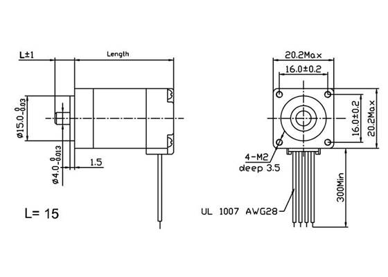 Dimensions (in mm) of stepper motor: bipolar, 200 steps/rev, 20×30mm, 3.9V, 600mA.