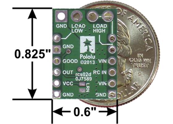 Pololu RC Switch with Medium Low-Side MOSFET, bottom view with dimensions.