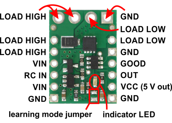 Pololu RC Switch with Medium Low-Side MOSFET, labeled top view.