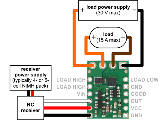 Typical wiring diagram for the Pololu RC Switch with Medium Low-Side MOSFET.