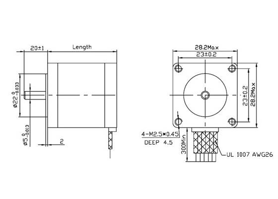 Dimensions (in mm) of 28mm square bipolar stepper motors.