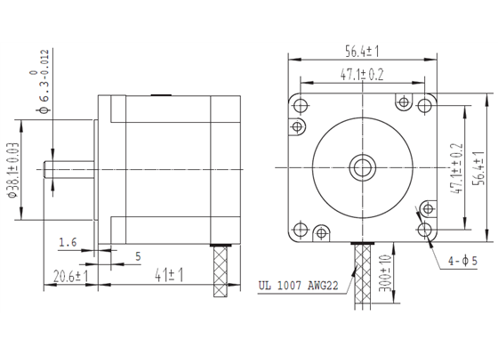 Dimensions (in mm) of 57mm square (NEMA 23) by 41mm unipolar/bipolar stepper motor.