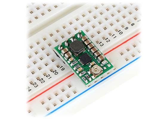 Pololu step-up/step-down voltage regulator S7V8A in a breadboard.