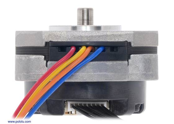 Side view of the 42x24.5mm Sanyo pancake stepper motor with included encoder cable plugged in.