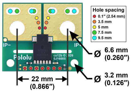 Basic hole spacing and dimensions of the ACS37200 Current Sensor Large Carrier.