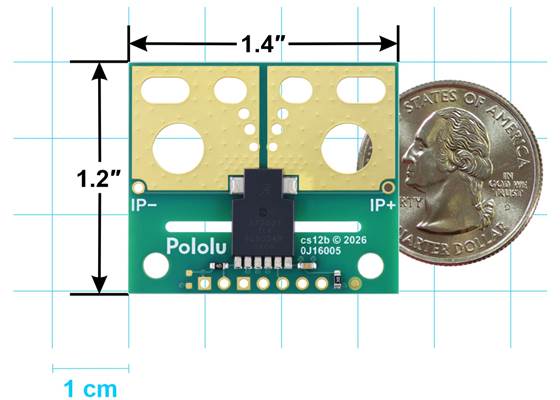 Basic board dimensions of the ACS37200 Current Sensor Large Carrier.