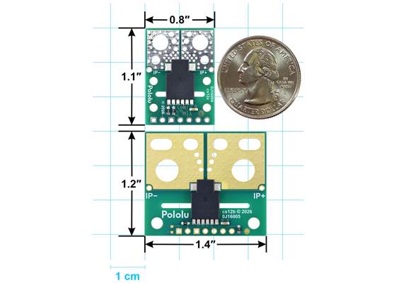 ACS37200 Current Sensor Compact Carrier (top) and Large Carrier (bottom) size comparison.