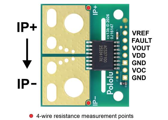 Pinout of the ACS37100 TMR Current Sensor Large Carrier.