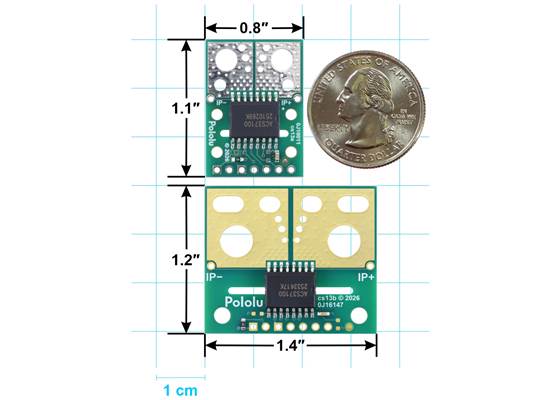 ACS37100 Current Sensor Compact Carrier (top) and Large Carrier (bottom) size comparison.