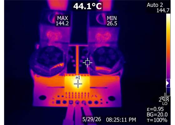 Thermal image of a high-current test of a Pololu current sensor carrier (not necessarily this product).