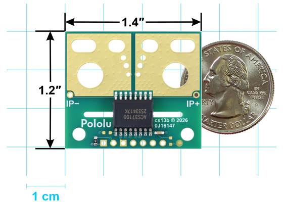 Basic board dimensions of the ACS37100 TMR Current Sensor Large Carrier.