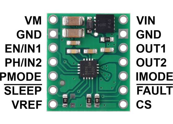 DRV8876 (QFN) Single Brushed DC Motor Driver Carrier, top view with labeled pinout.