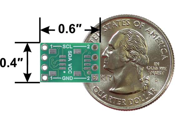 Pololu I²C Isolator, ISO1640, with dimensions and a US quarter for size reference (version without connectors shown).