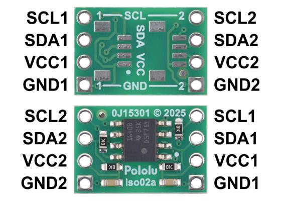 Pinout of the Pololu I²C Isolator, ISO1640 (top and bottom views of version without connectors).