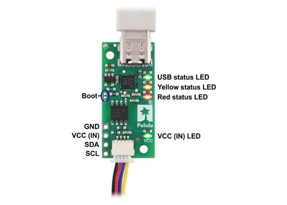 Pololu Isolated USB-to-I²C Adapter pinout and LEDs.