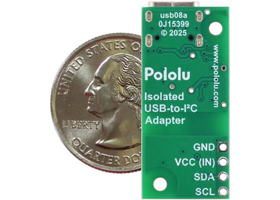 Pololu Isolated USB-to-I²C Adapter, bottom view with US quarter for size reference.
