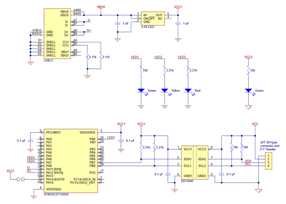 Schematic diagram of the Pololu Isolated USB-to-I²C Adapter.