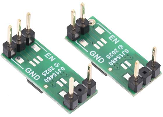 Pololu Isolated Solid State Relay/Switch (SPST) boards soldered with male headers (not included), showing three-pin (left) and two-pin (right, EN and VIN tied together) control options. (30V/60V version shown.)