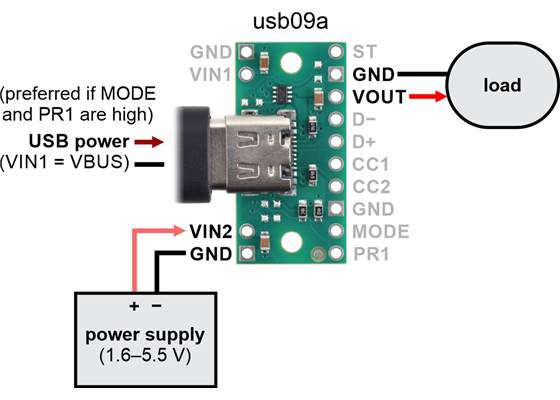 Typical connection diagram for using a TPS2116 power multiplexer carrier (usb09a) with USB as the preferred supply in priority mode.