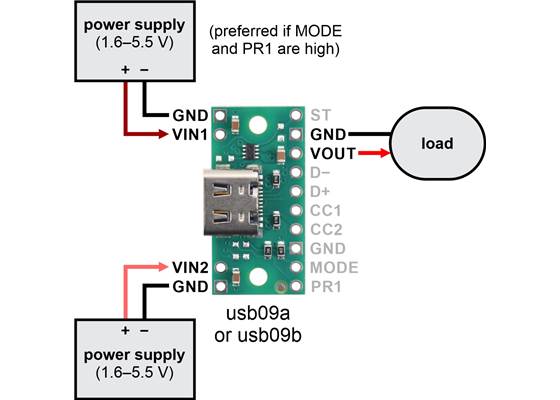 Typical connection diagram for using a TPS2116 power multiplexer carrier without USB.
