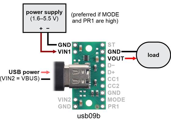 Typical connection diagram for using a TPS2116 power multiplexer carrier (usb09b) with the non-USB source as the preferred supply in priority mode.
