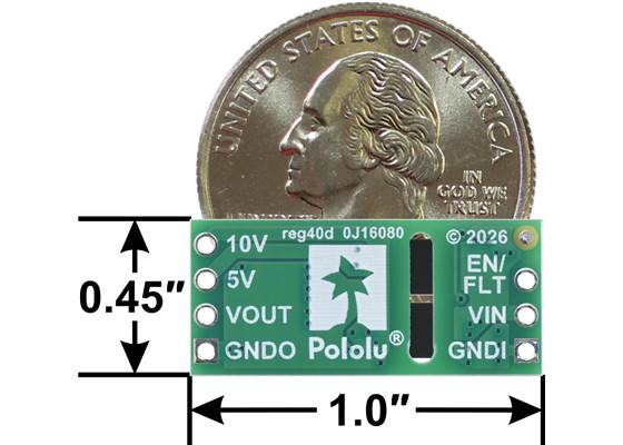 Isolated Step-Up Voltage Regulator U5Z9Fx, bottom view with dimensions and a US quarter for size reference.