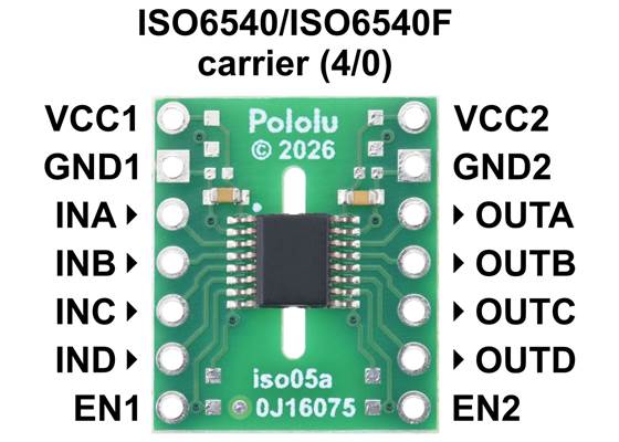 Pinout of the ISO6540/ISO6540F 4-Channel Digital Isolator Carrier.
