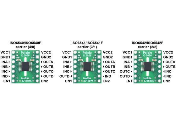 Pinouts of the ISO654x 4-Channel Digital Isolator Carrier series.