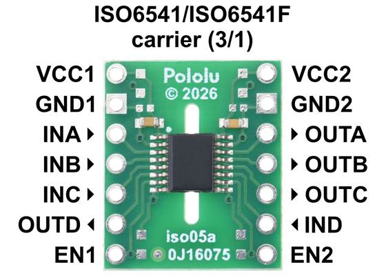 Pinout of the ISO6541/ISO6541F 4-Channel Digital Isolator Carrier.