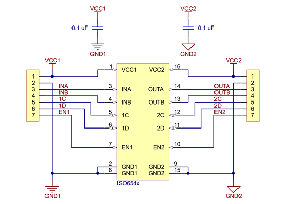 Schematic diagram of the ISO654x 4-Channel Digital Isolator Carrier.