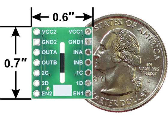 ISO654x 4-Channel Digital Isolator Carrier, bottom view with dimensions and a US quarter for size reference.