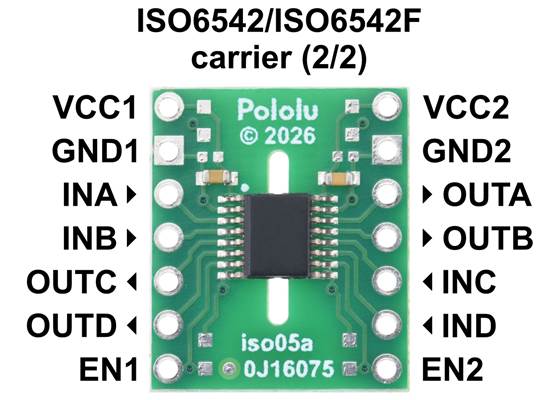 Pinout of the ISO6542/ISO6542F 4-Channel Digital Isolator Carrier.
