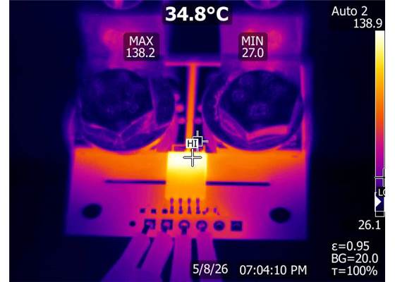 Thermal image of a high-current test of a Pololu current sensor carrier (not necessarily this product).
